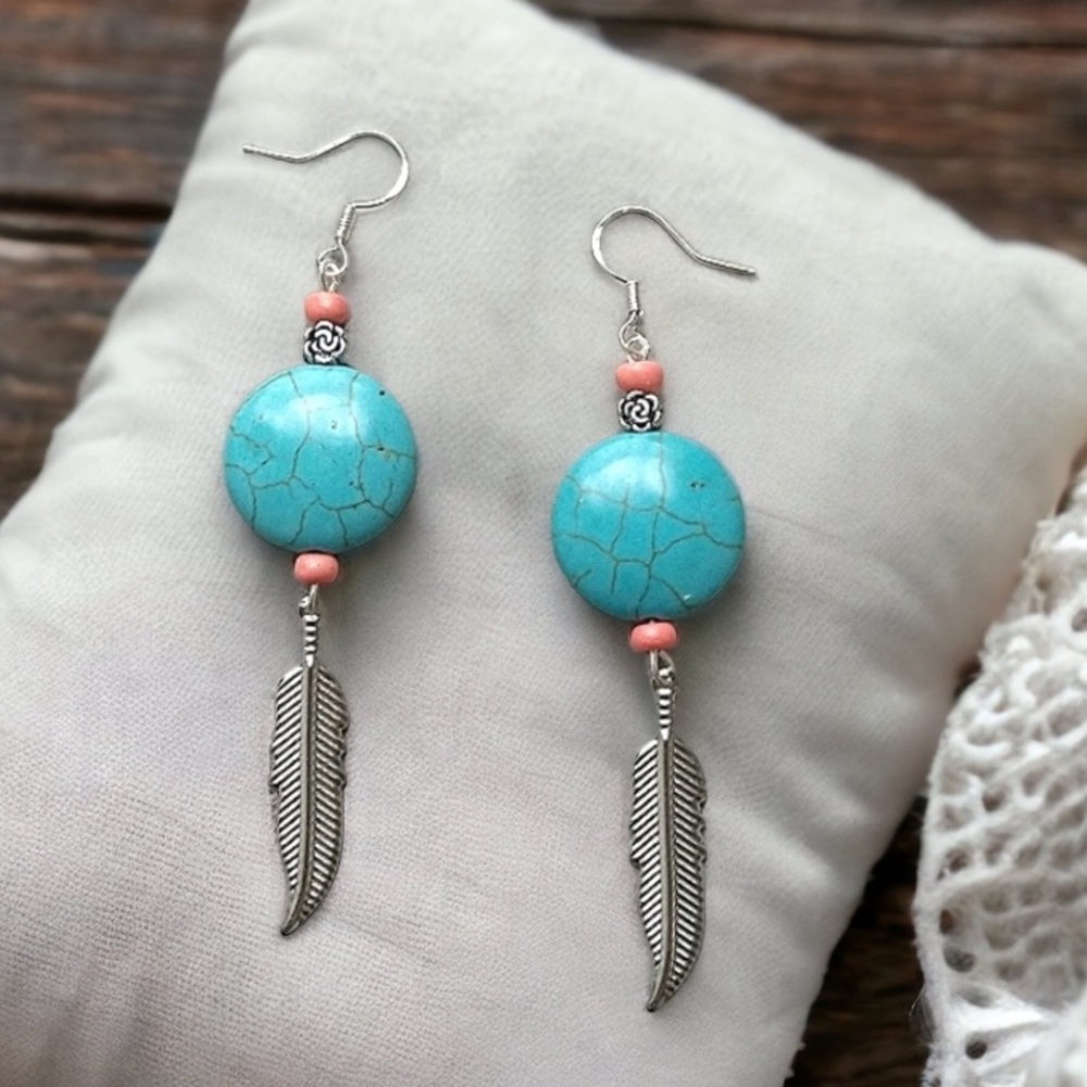 Sterling Aztec Earrings Howlite Coral Turquoise